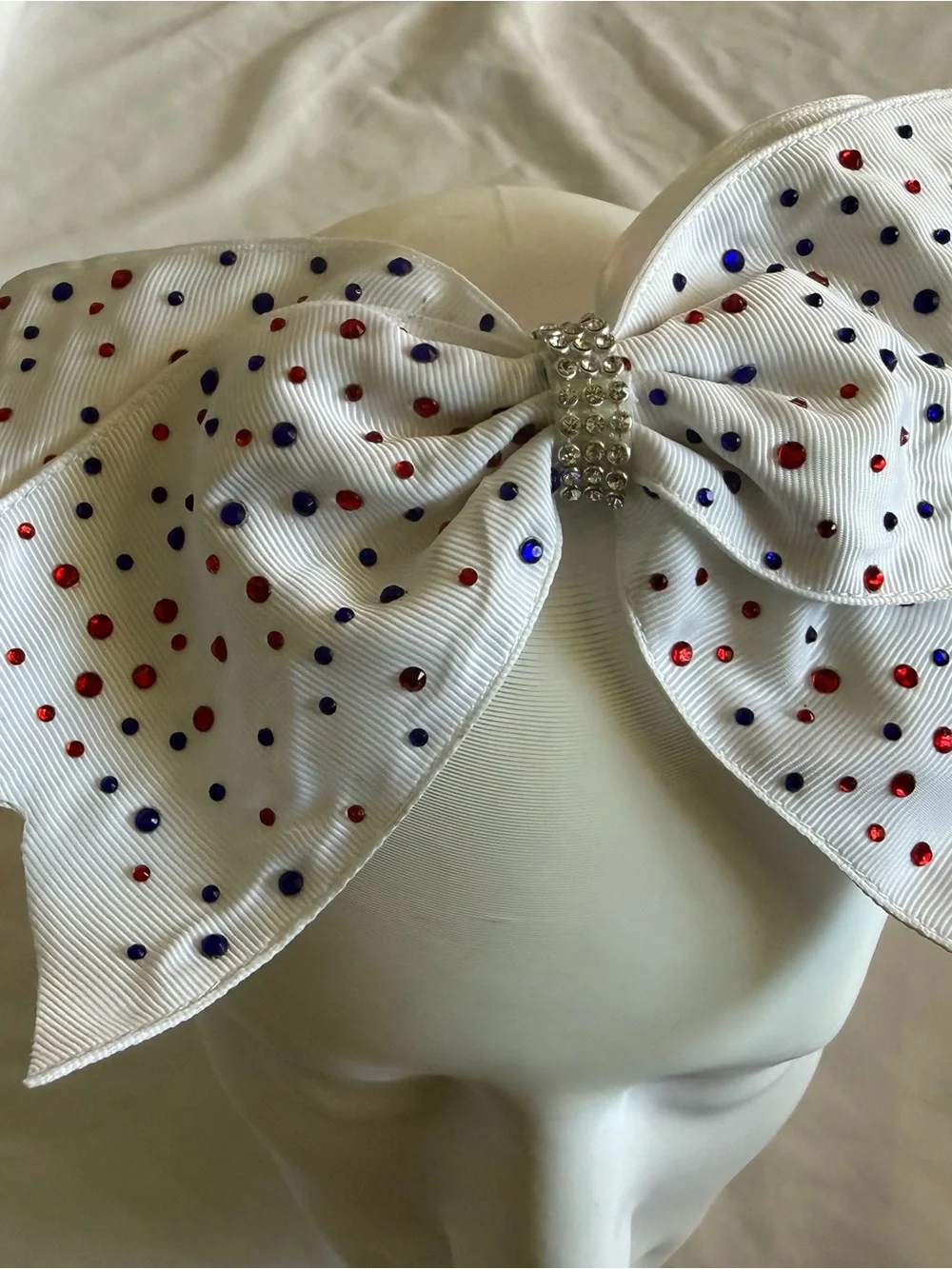 White Kids Hair Bow with Red & Blue Dots and Rhinestone Center